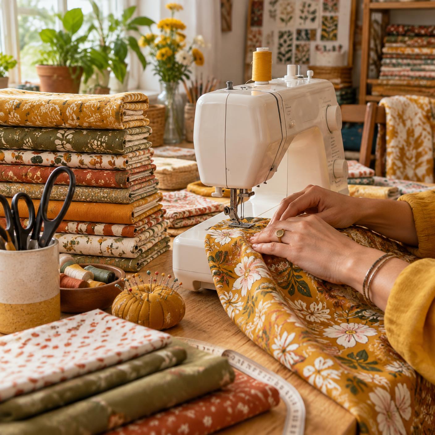 Mains de l'artisane guidant un tissu fleuri sous la machine à coudre