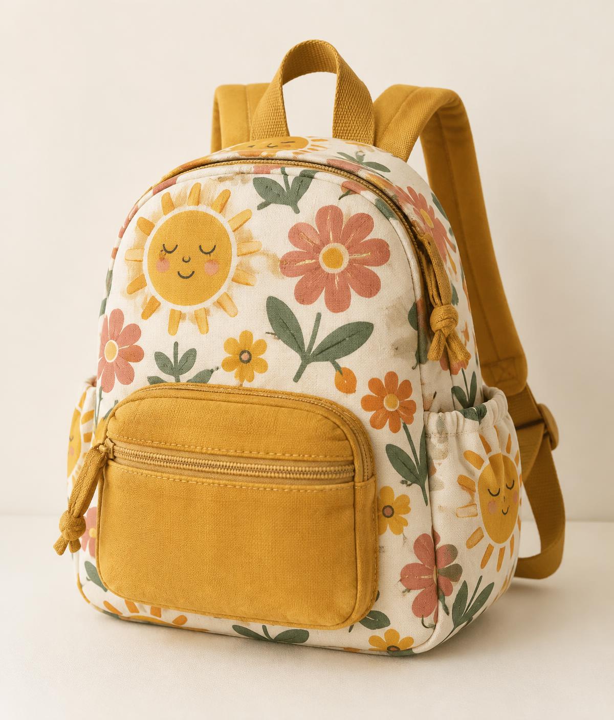 Petit sac à dos enfant en coton imprimé soleils et fleurs avec bretelles moutarde